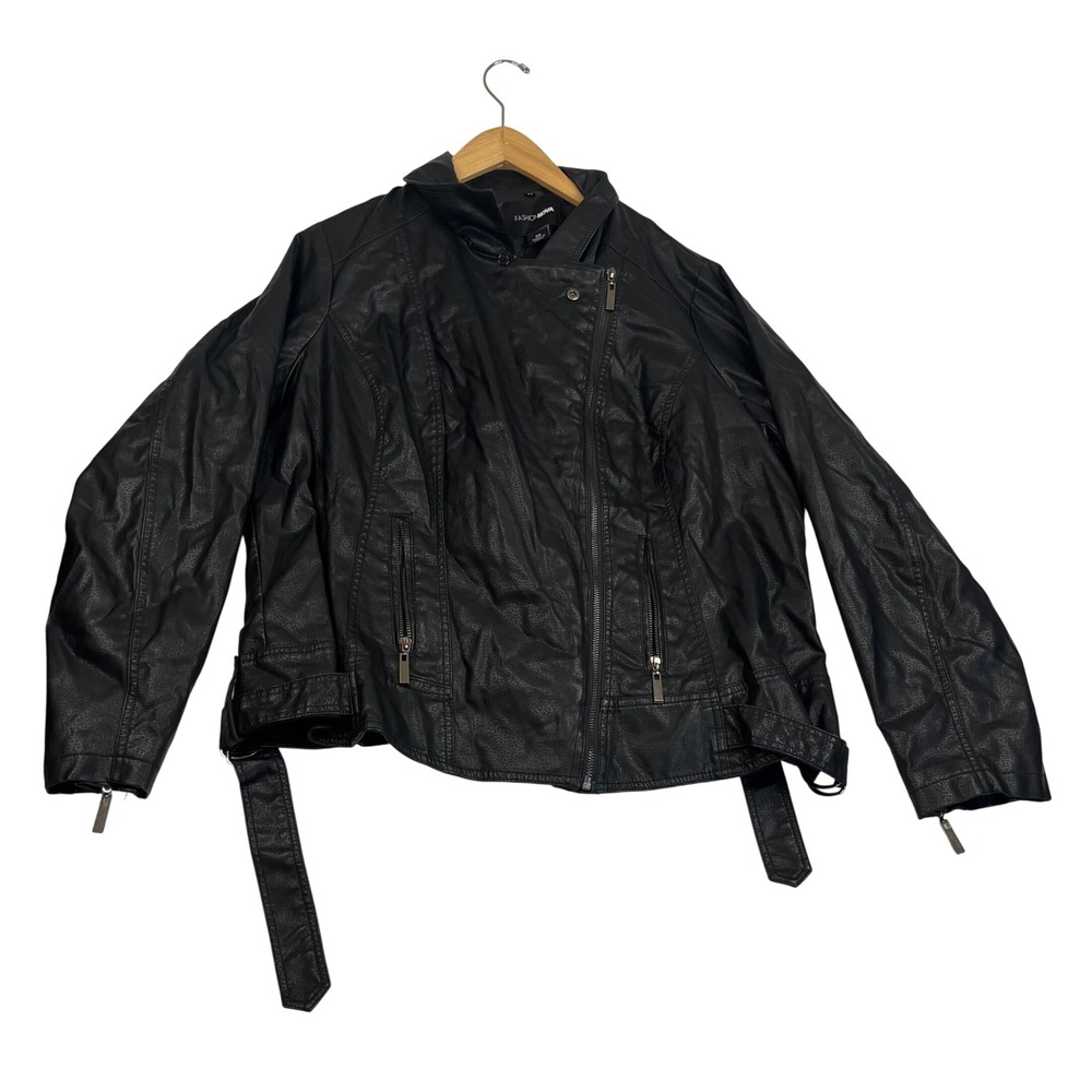 Fashion Nova Black Faux Leather Moto Biker Jacket Plus Size 2X Belted Asymmetric